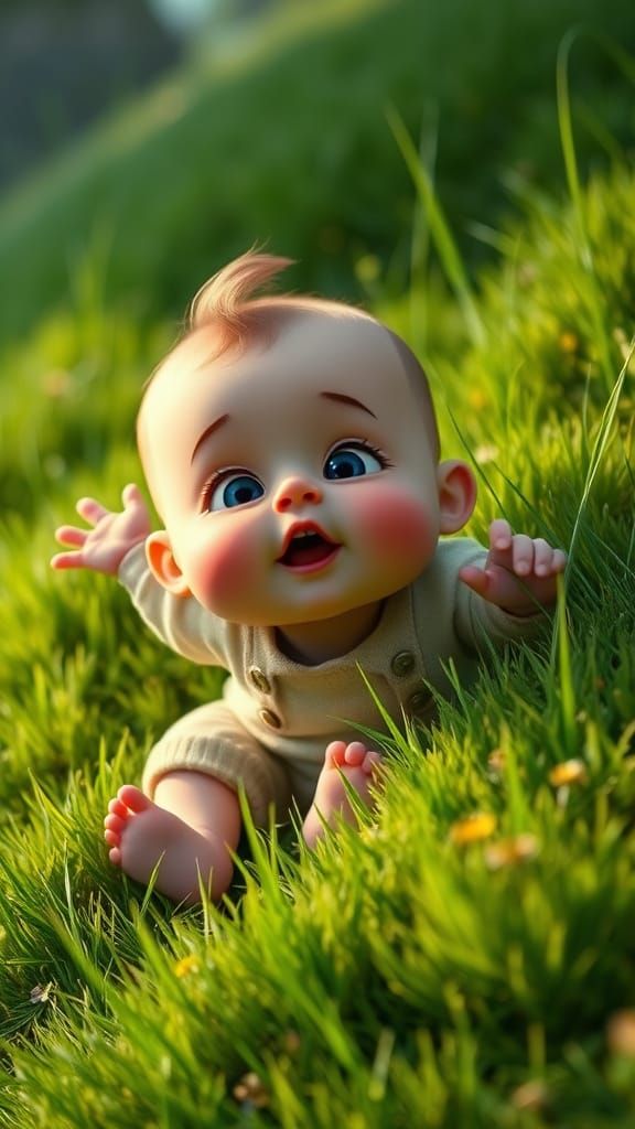 Cartoon Baby Tumbling Down Grassy Hill