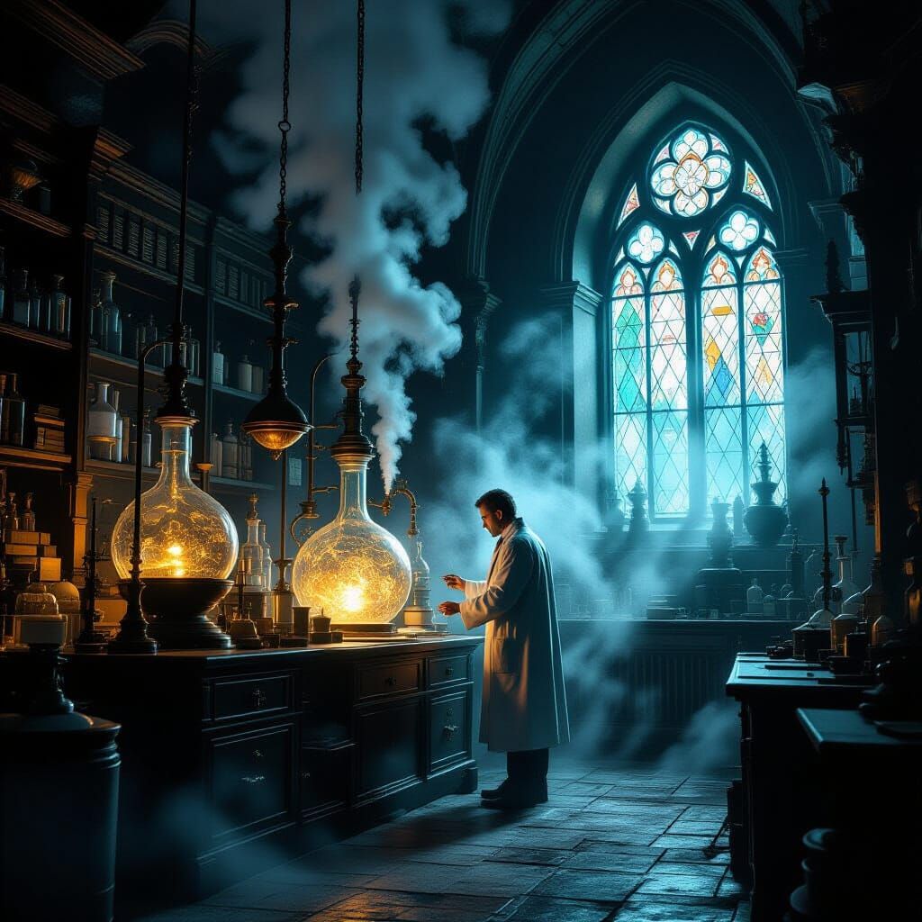 Baroque Mad Scientist in Glowing Alchemical Lab