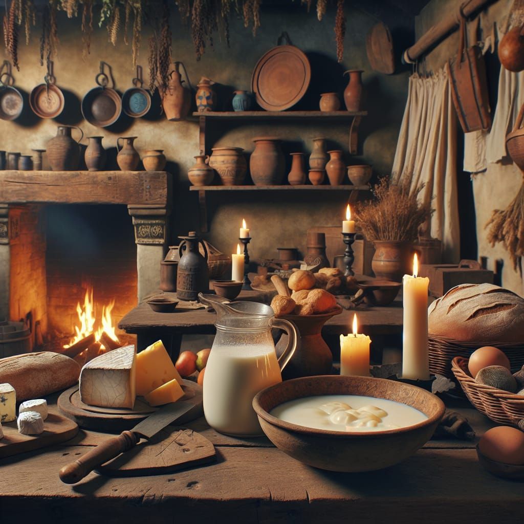Medieval Kitchen Still Life with Milk and Food