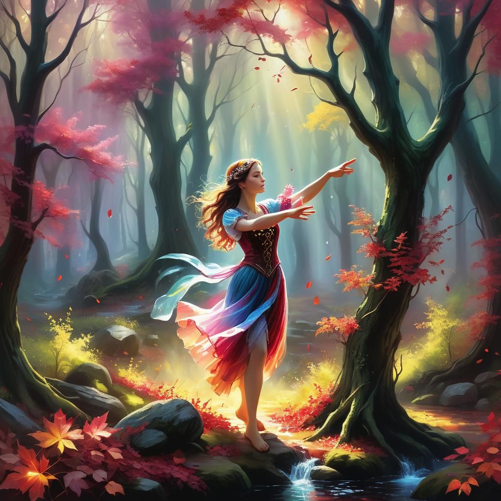 Surreal Fantasy Scene with Crimson Trees in Oil Painting Sty...