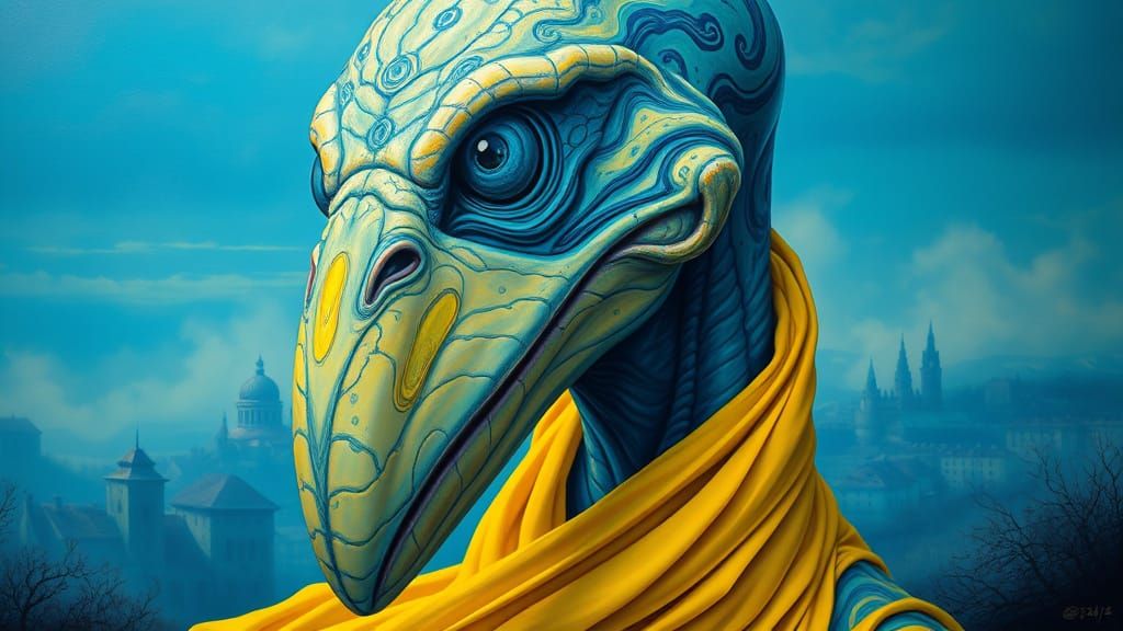 Surreal Humanoid Portrait in Psychedelic Acrylic Pour Art