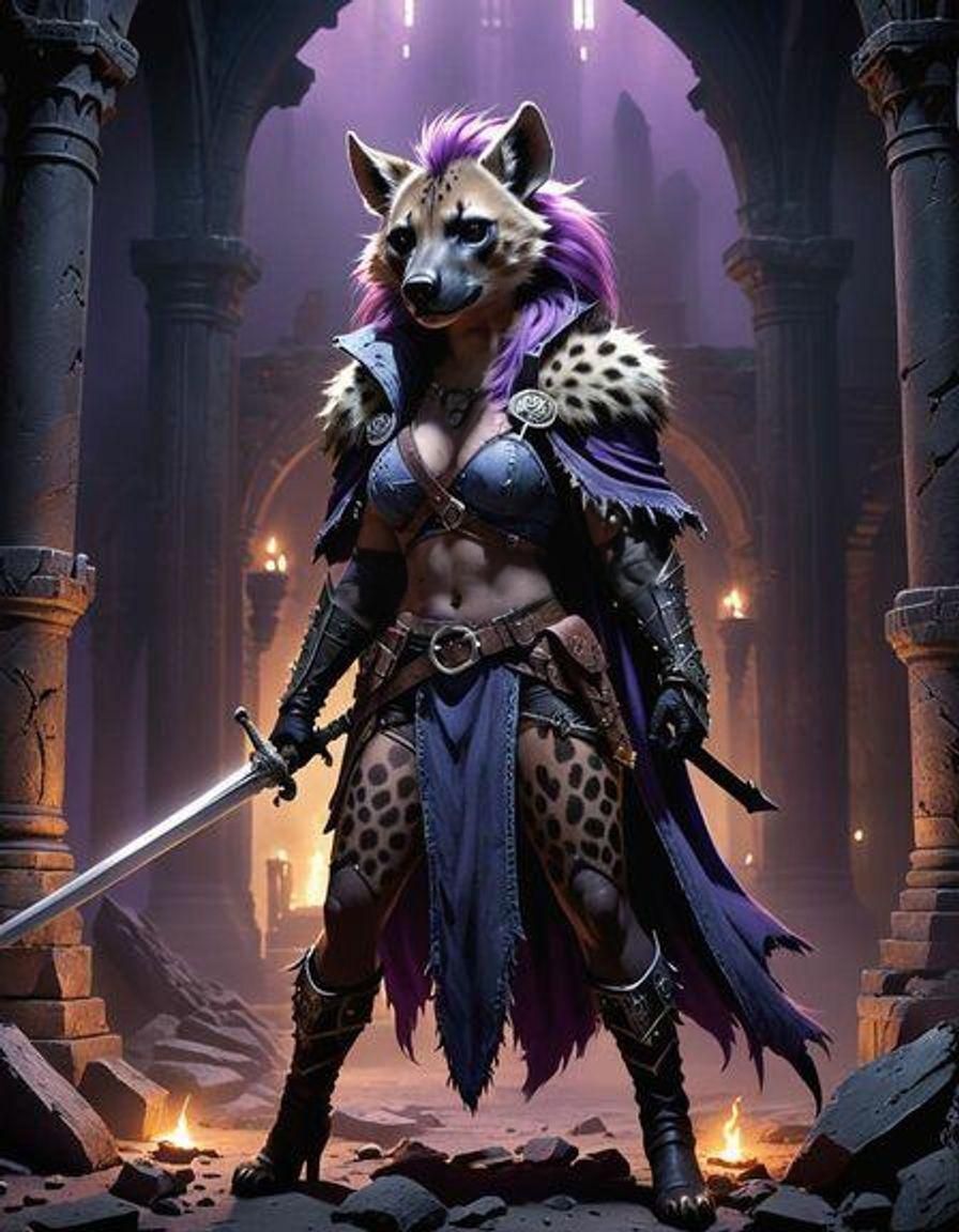 Furry Hyena Warrior in Ruined Occult Temple