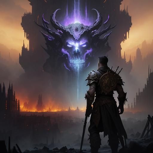 Apocalyptic Warrior in Burning City Ruins