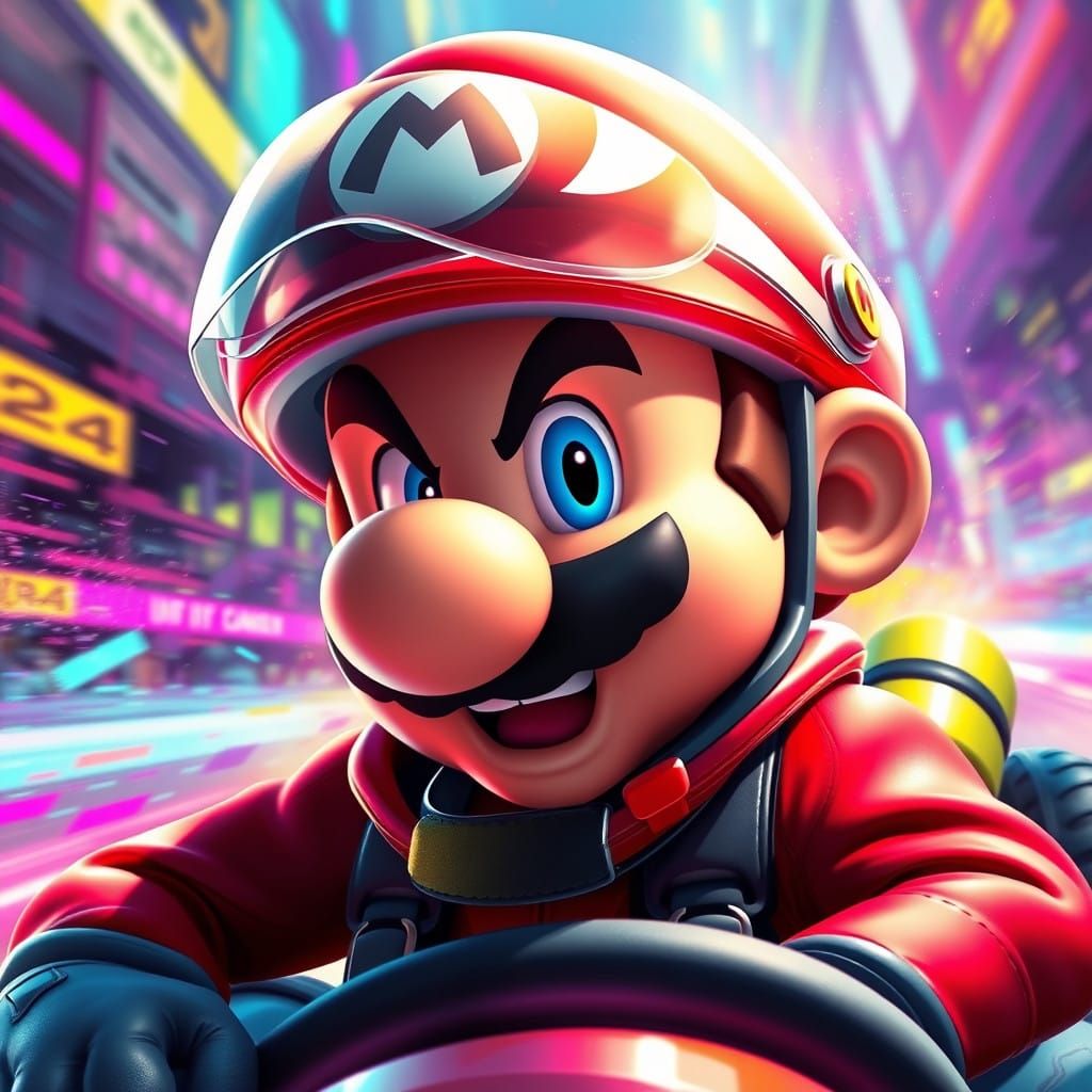 Mario Kart in Futuristic High-Tech Racing Style