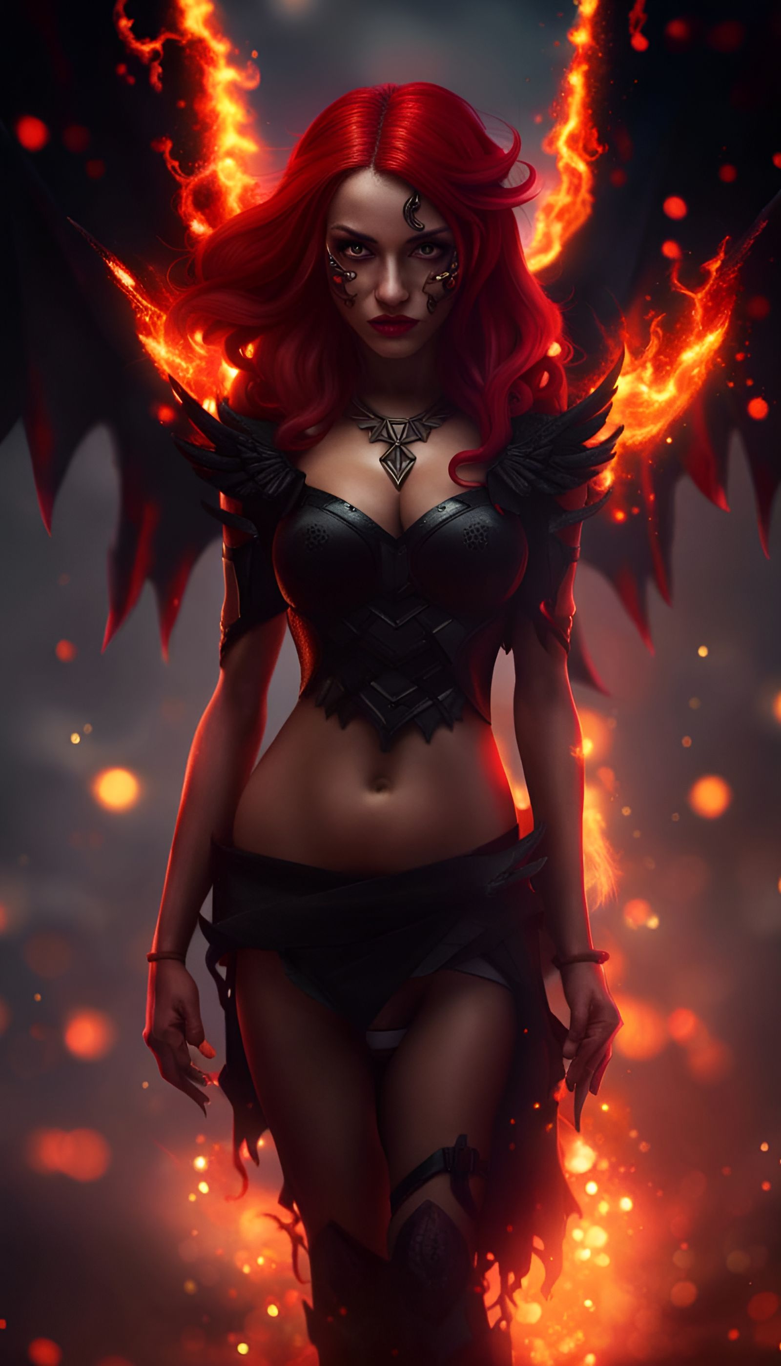 Devil Woman with Fire Dogs, Dark Fantasy Art