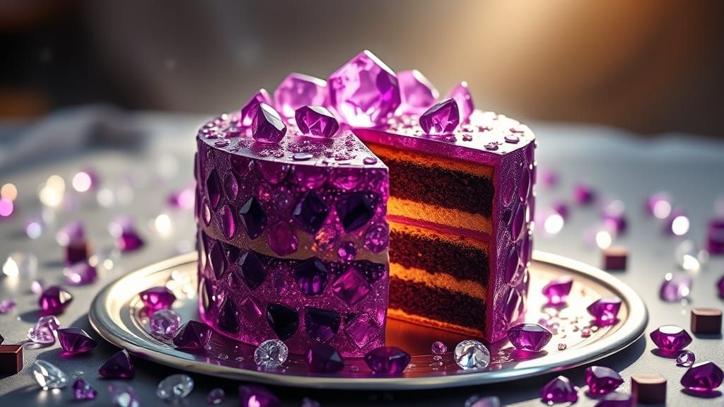 Amethyst Chocolate Cake with Gold Ganache, Hyperrealistic