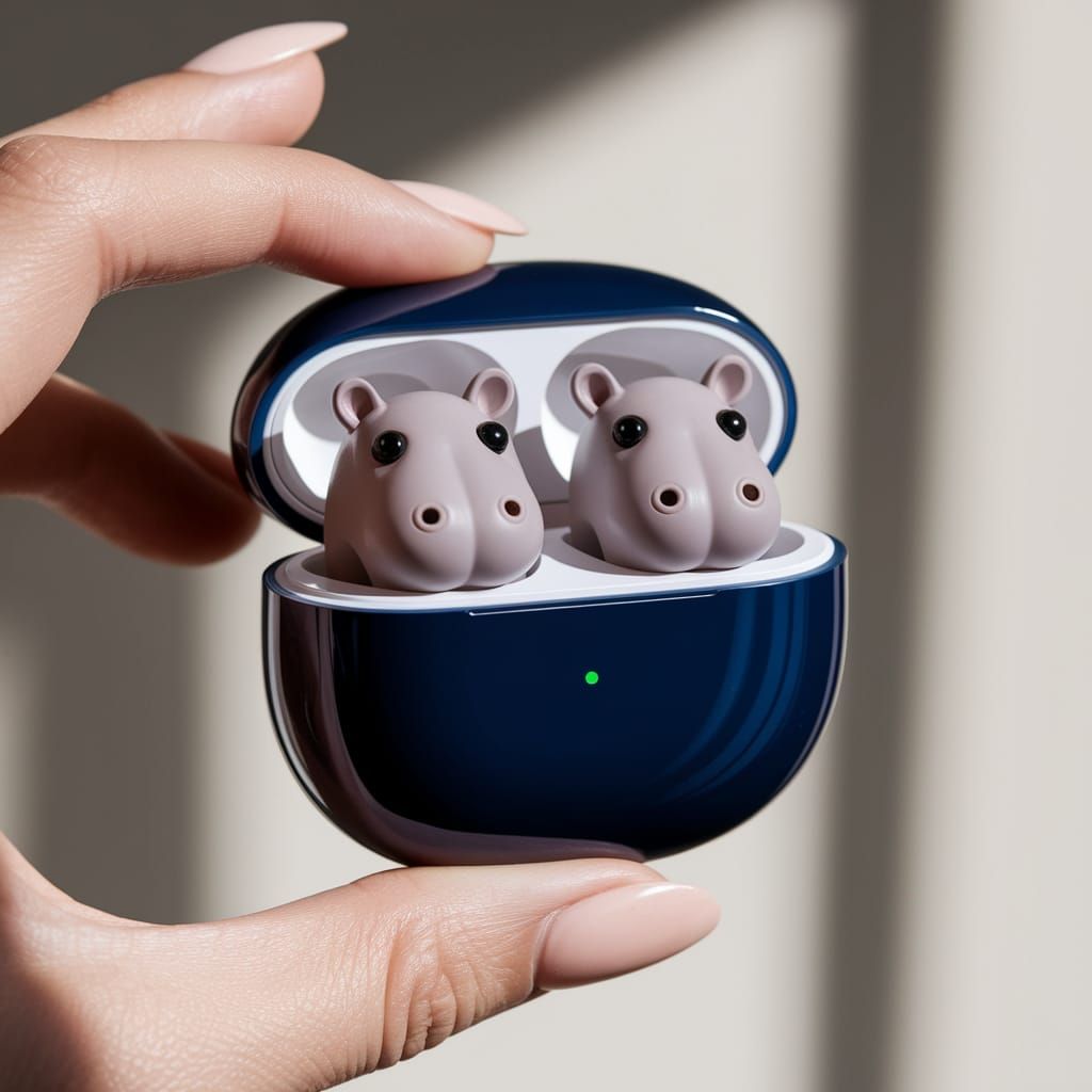 Cobalt Earbud Case with Miniature Hippo Heads
