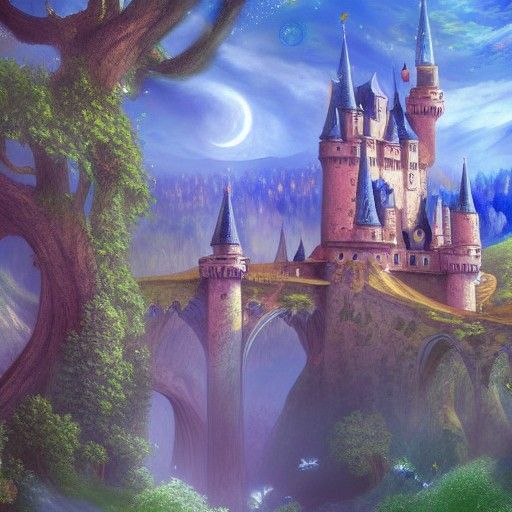 Fairytale Castle with Magical Creatures in Astral Style