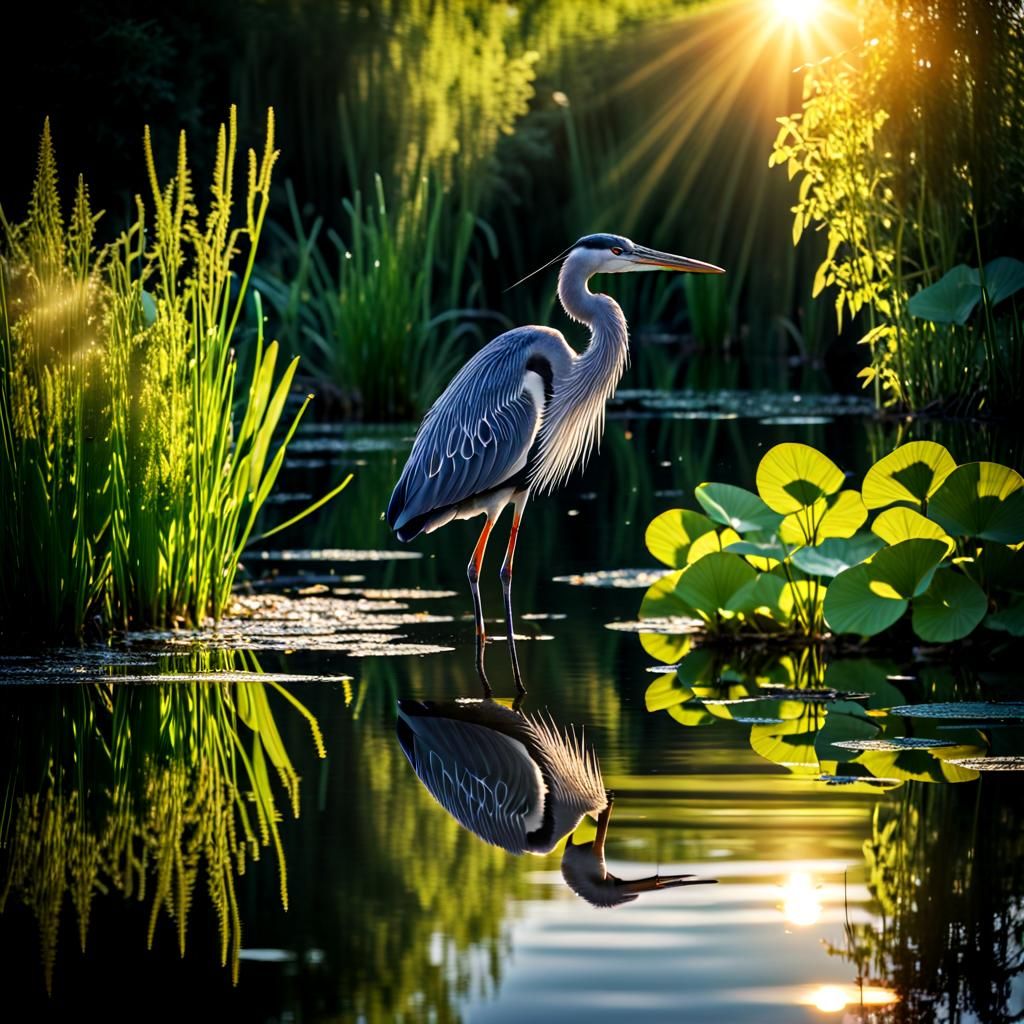 Heron in Pond with Reflected Sunlight