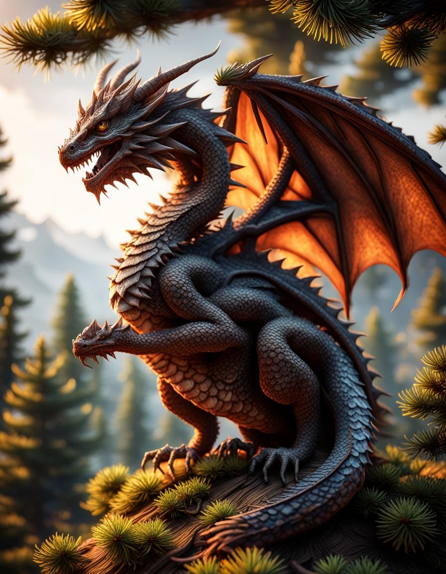 Tiny Dragon on Pine Branch: 3D Render