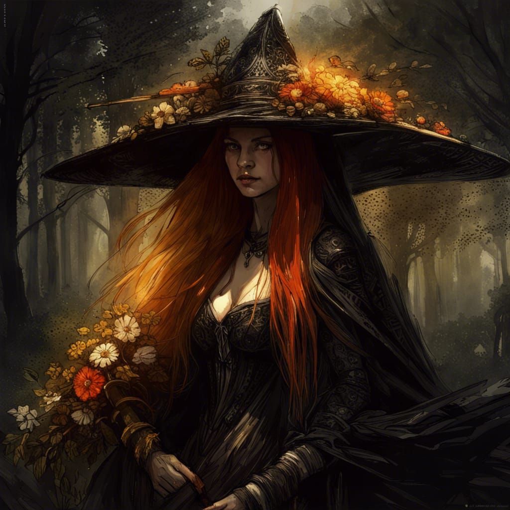 Mystical Witch in Forest, Dark Fantasy Art
