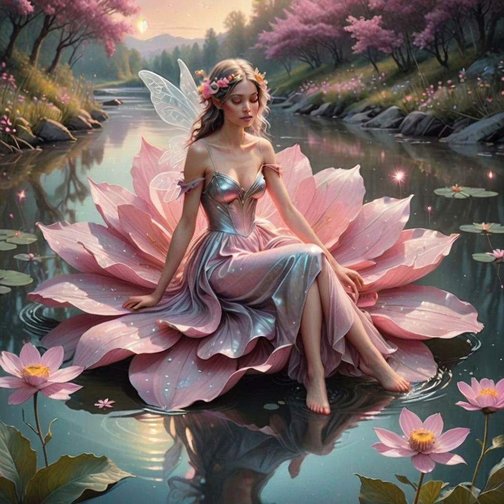 Whimsical Fairy on a Floral Riverbank in Chalk Texture