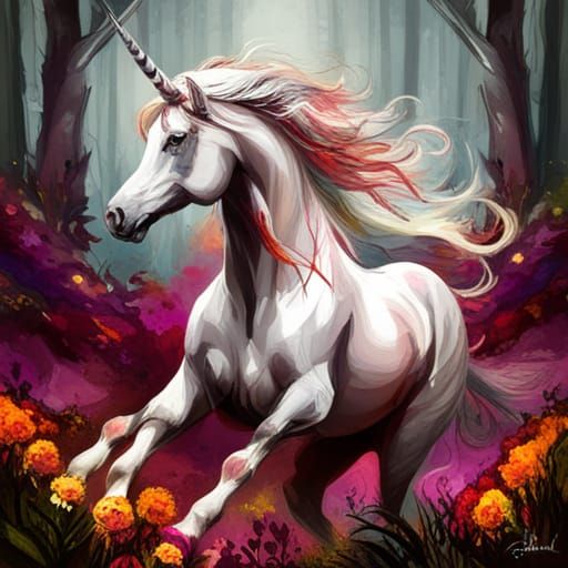 White Unicorn in Colorful Forest, Oil Painting Style