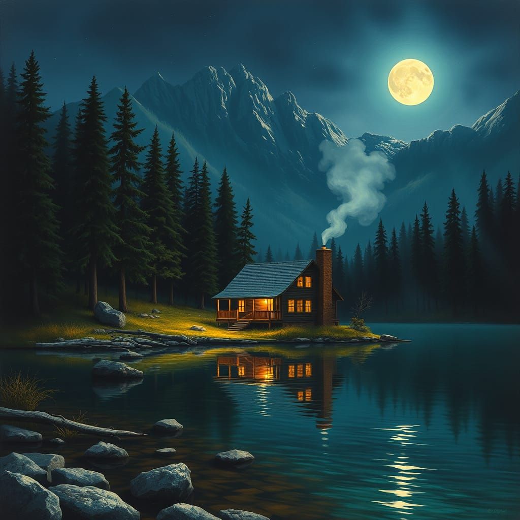 Mountain Cabin at Night, in the Style of Hudson River School
