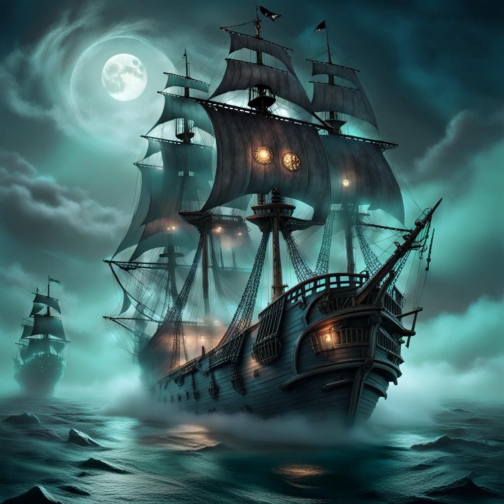 Ghostly Pirate Ship Sailing the Misty Seas