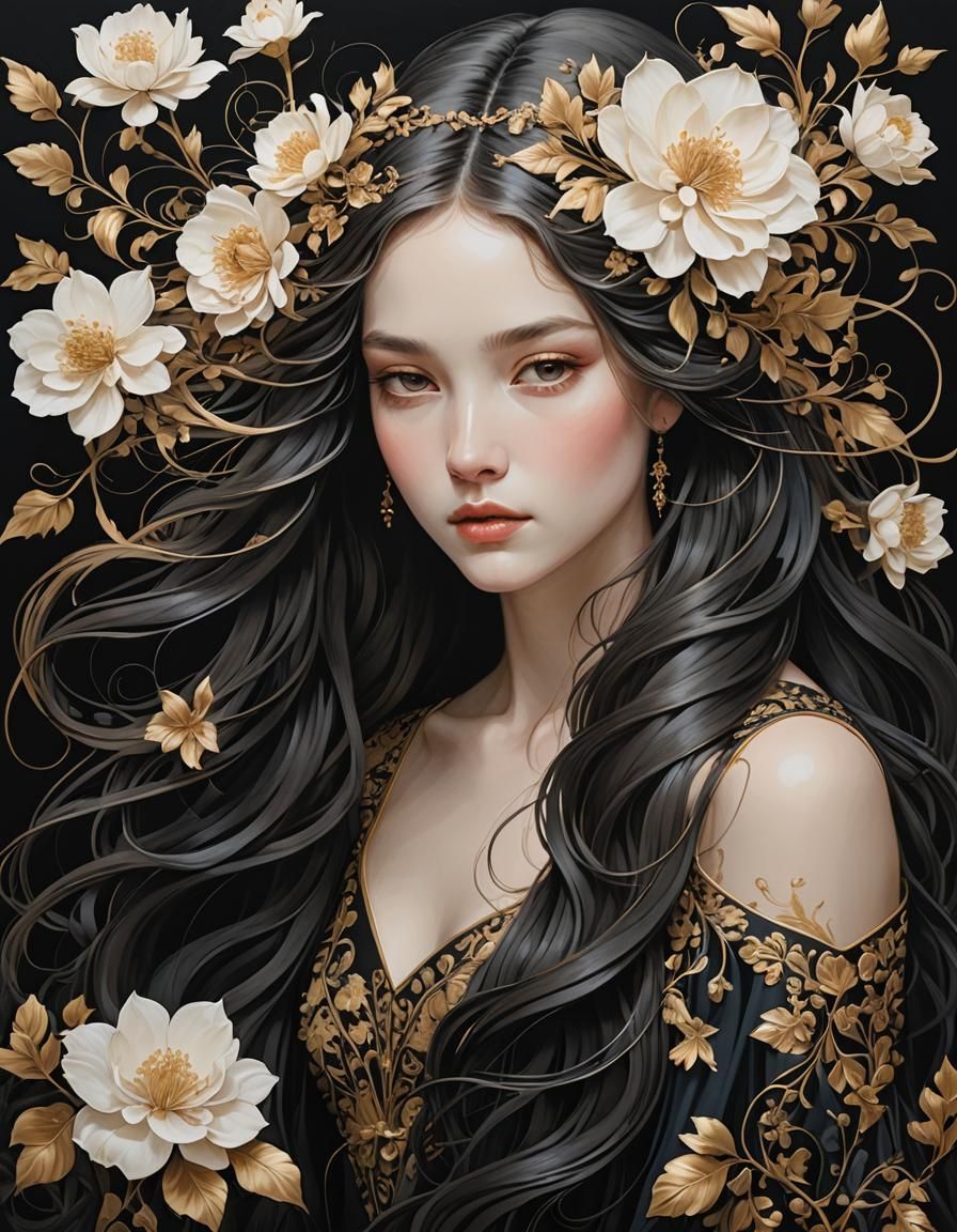 Ethereal Girl with Flowers: Art Deco Futurism