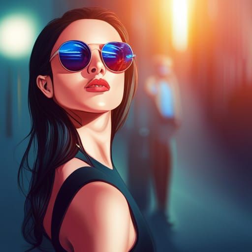 Brunette in Mirrored Sunglasses: Hyperrealistic City Portrai...