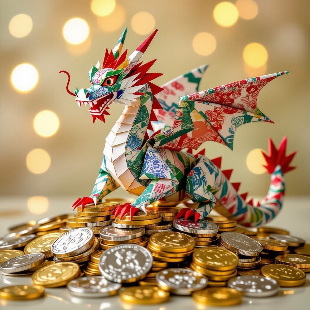 Origami Dragon of Banknotes on Coins, Magical Realism Style