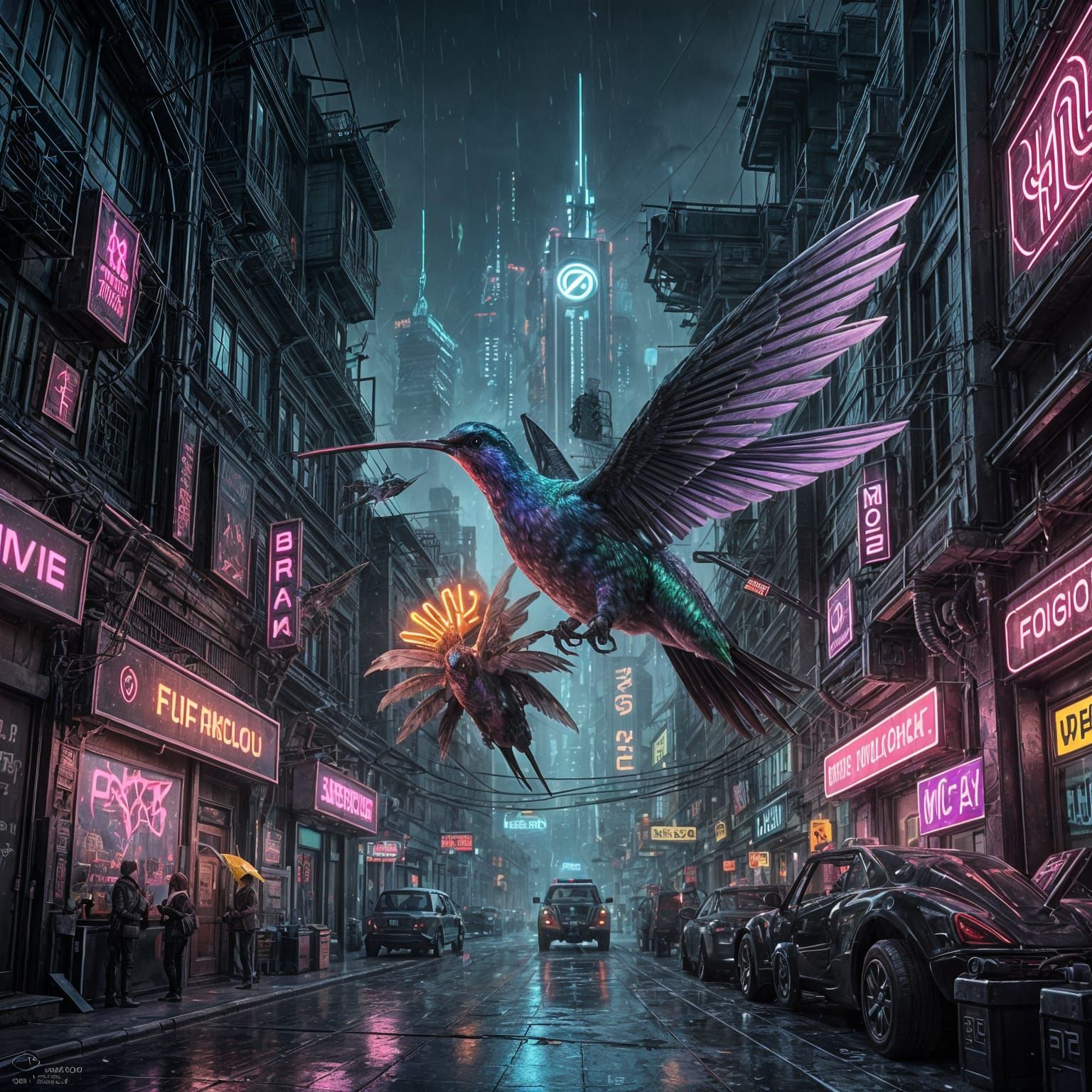 Robotic Hummingbird Near Neon Flower in Dystopian City