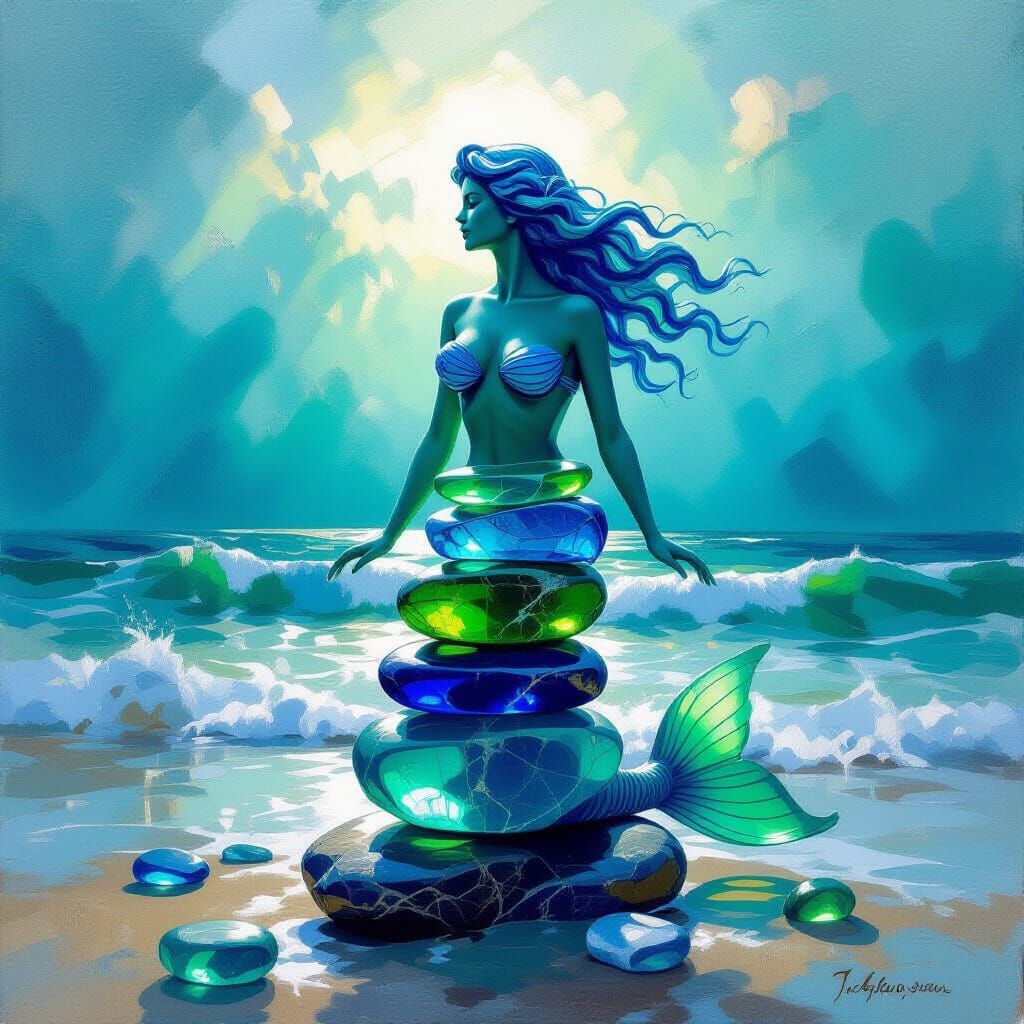 Sea Glass Mermaid Sculpture on Turbulent Ocean Beach