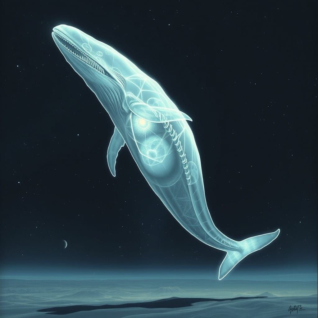 Ghostly Prehistoric Whale in Cosmic Hologram