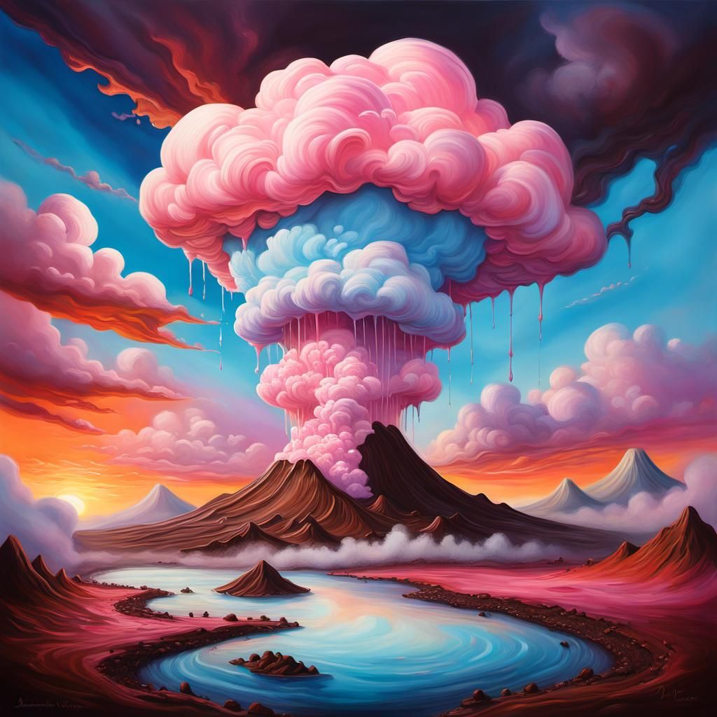 Chocolate Volcano with Cotton Candy Cloud in Surreal Style