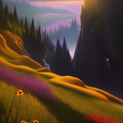 Colorful Valley Landscape Under Golden Sunlight