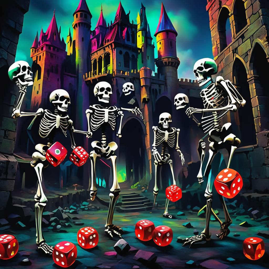 Giant Skeletons Play Dice in Darkpunk Castle