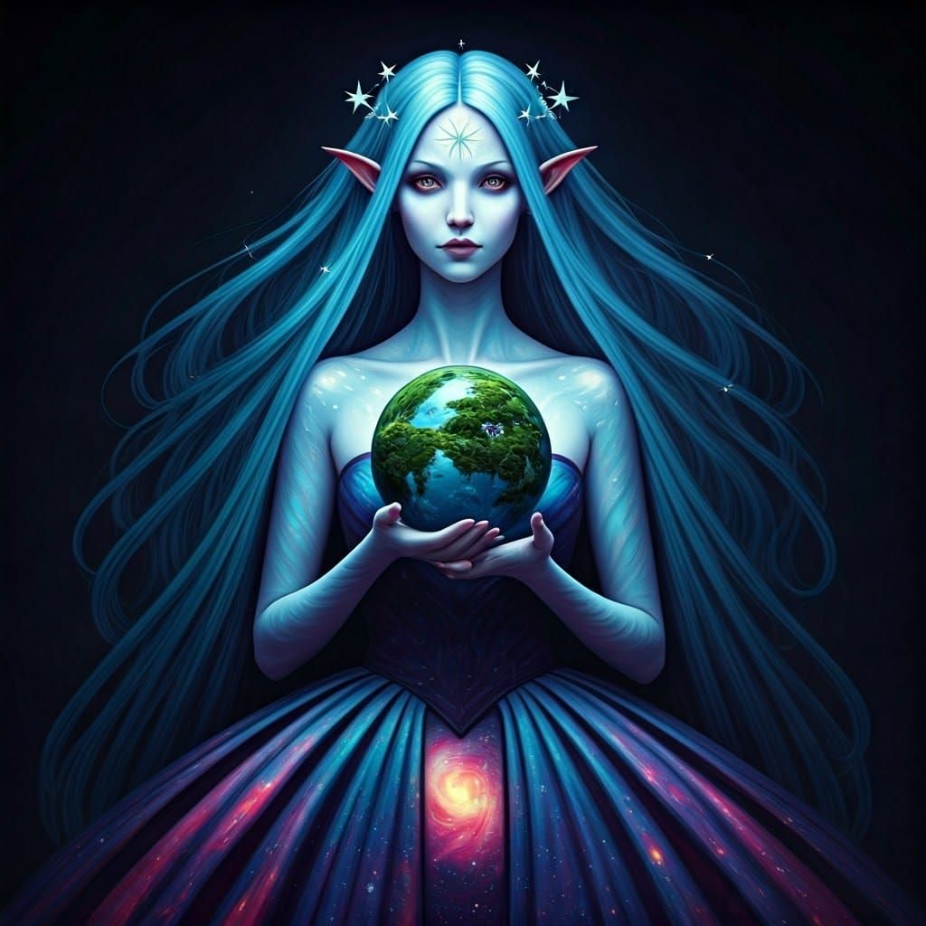 Gothic Goddess with Galaxy Gown Holding Orb