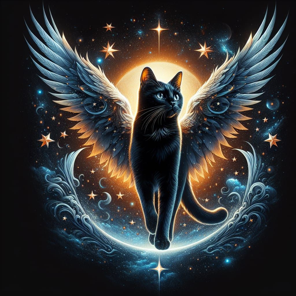 Black Angel Cat Ascends into Starry Night