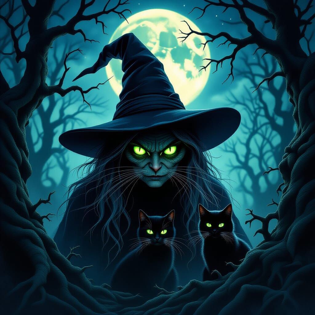 Ugly Witch and Black Cat in Eerie Starry Forest
