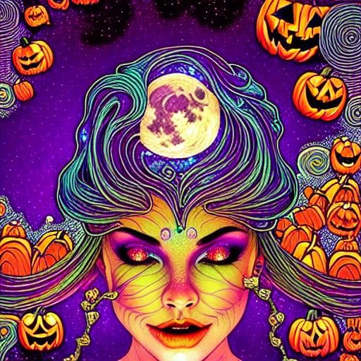Halloween Goddess with Pumpkins and Cosmic Sky