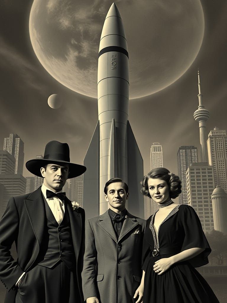 Retro Sci-Fi Film Poster with Silent Film Stars