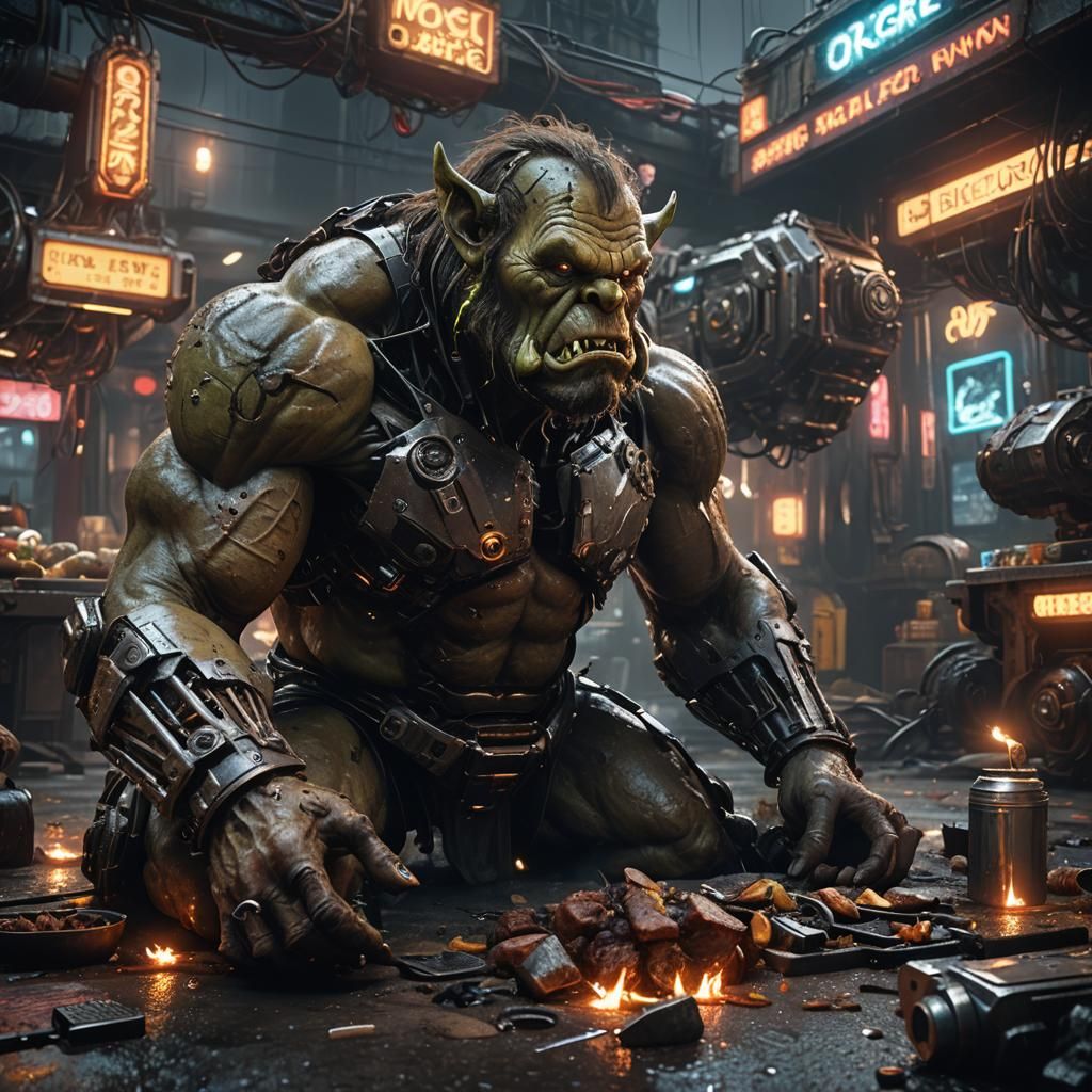 Sci-Fi Half-Ogre Feast in Cyberpunk Setting