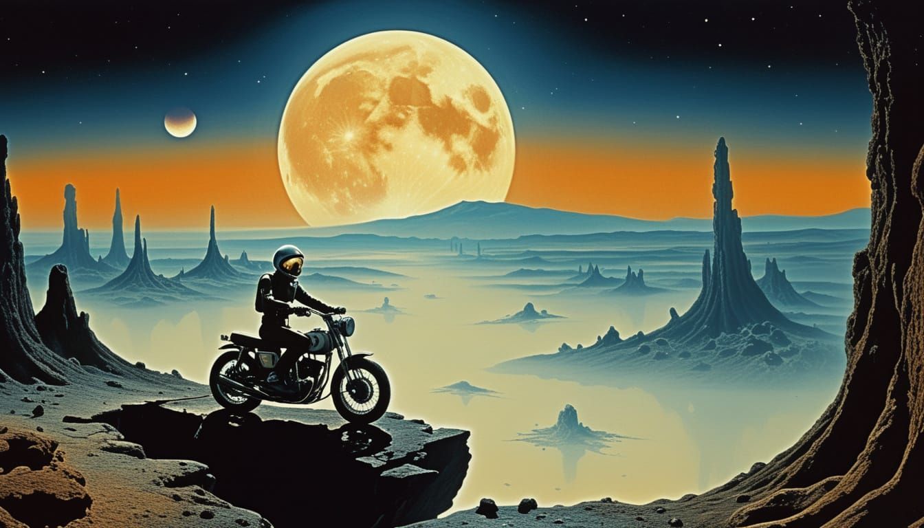 Lone Motorcyclist Ascends to Celestial Glow in Surreal Visio...