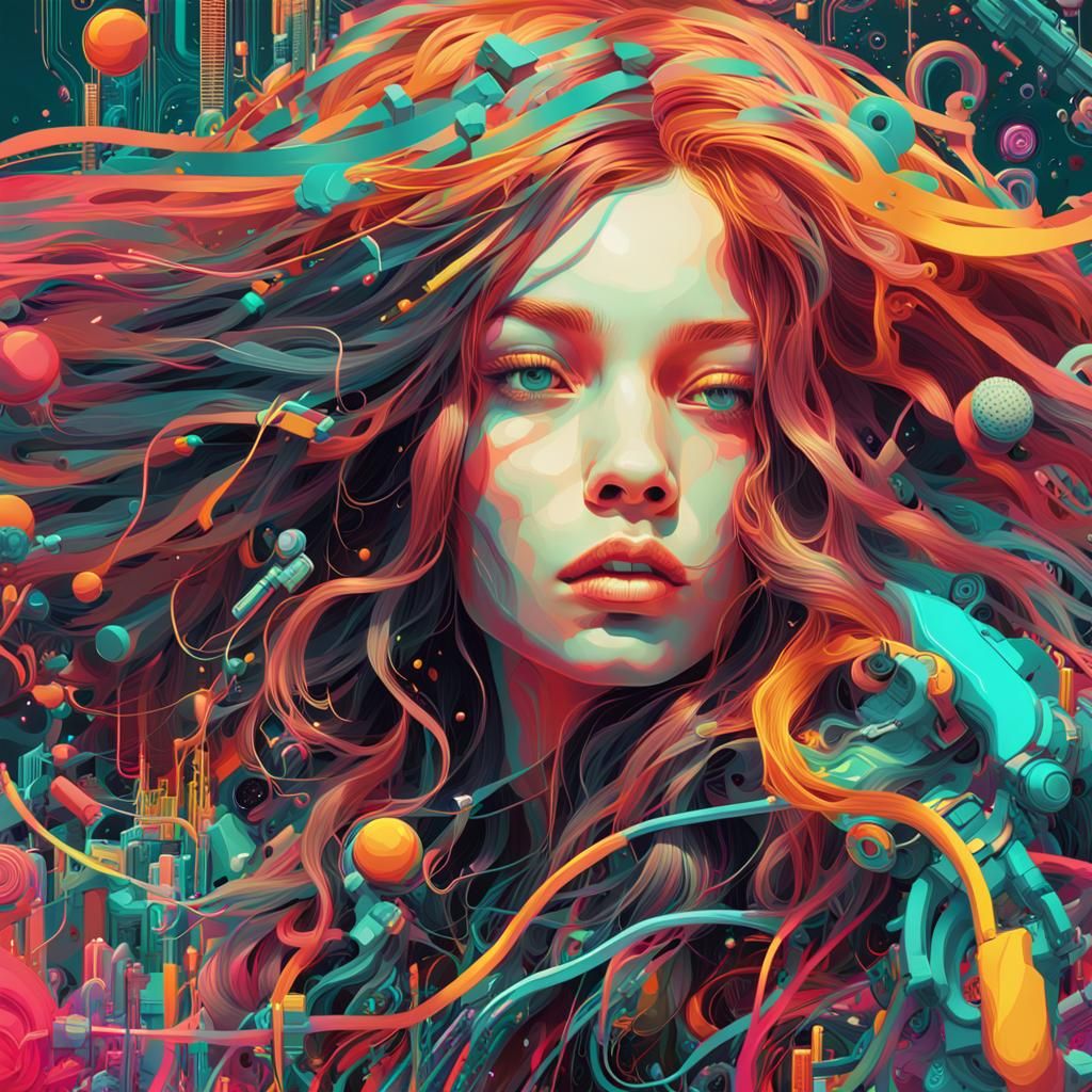 Psychedelic Pop Art Girl with Neon Circuits