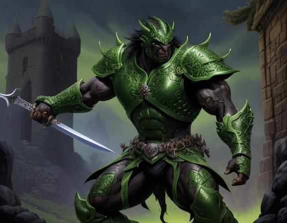 Orc Superhero Attacks Castle in Comic Book Art