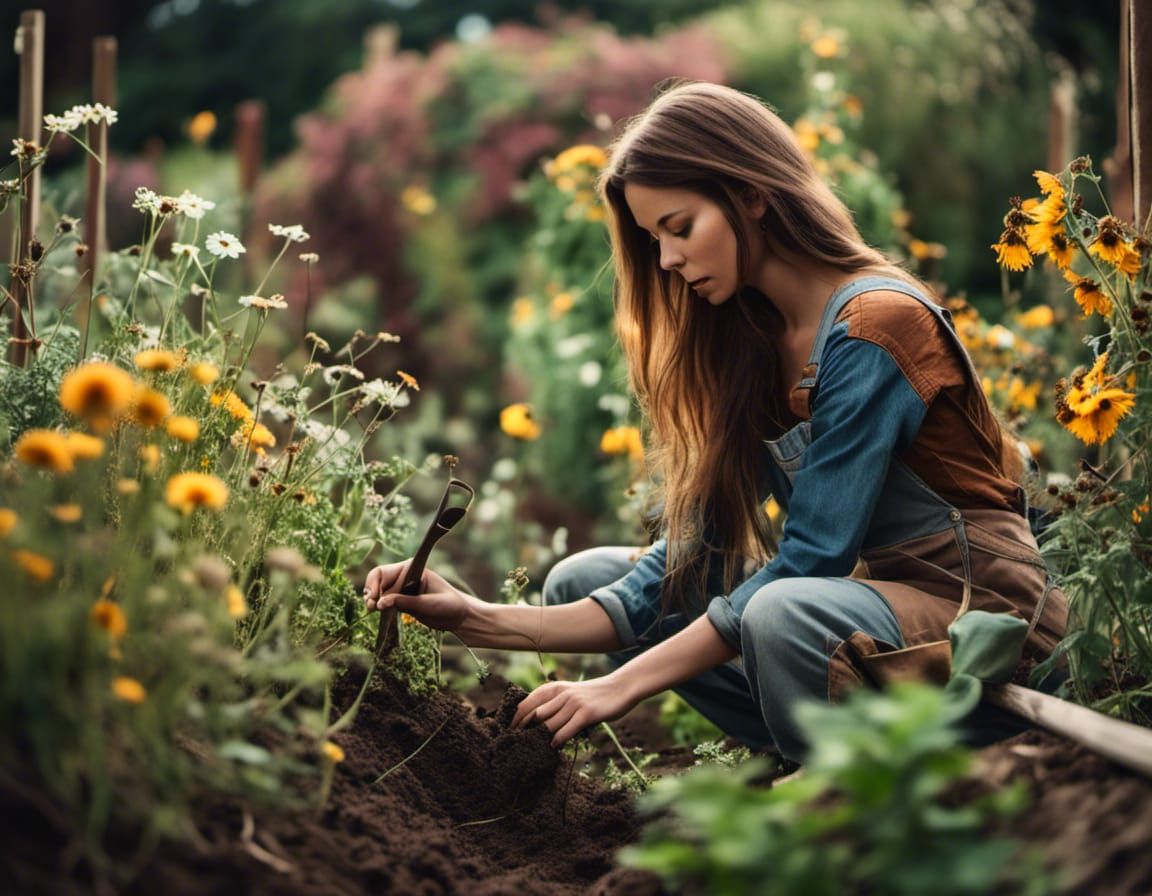 Woman Gardener with Flowers in Woodsplash Style