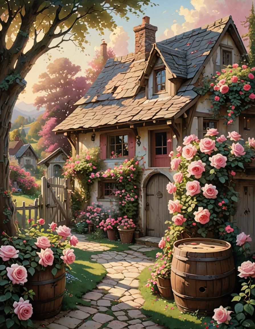 Whimsical Cottagecore Scene in Oil Painting Style