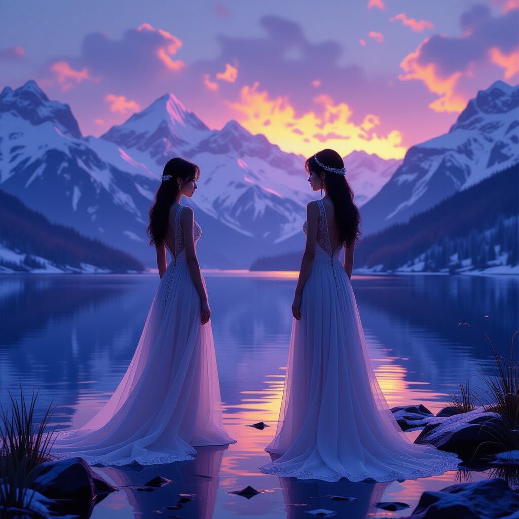 Majestic Mountains by Mirror Lake in Dark Fantasy Style