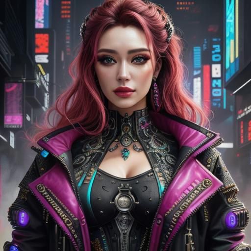 Hyperrealistic Cyberpunk Woman in Dystopian Setting