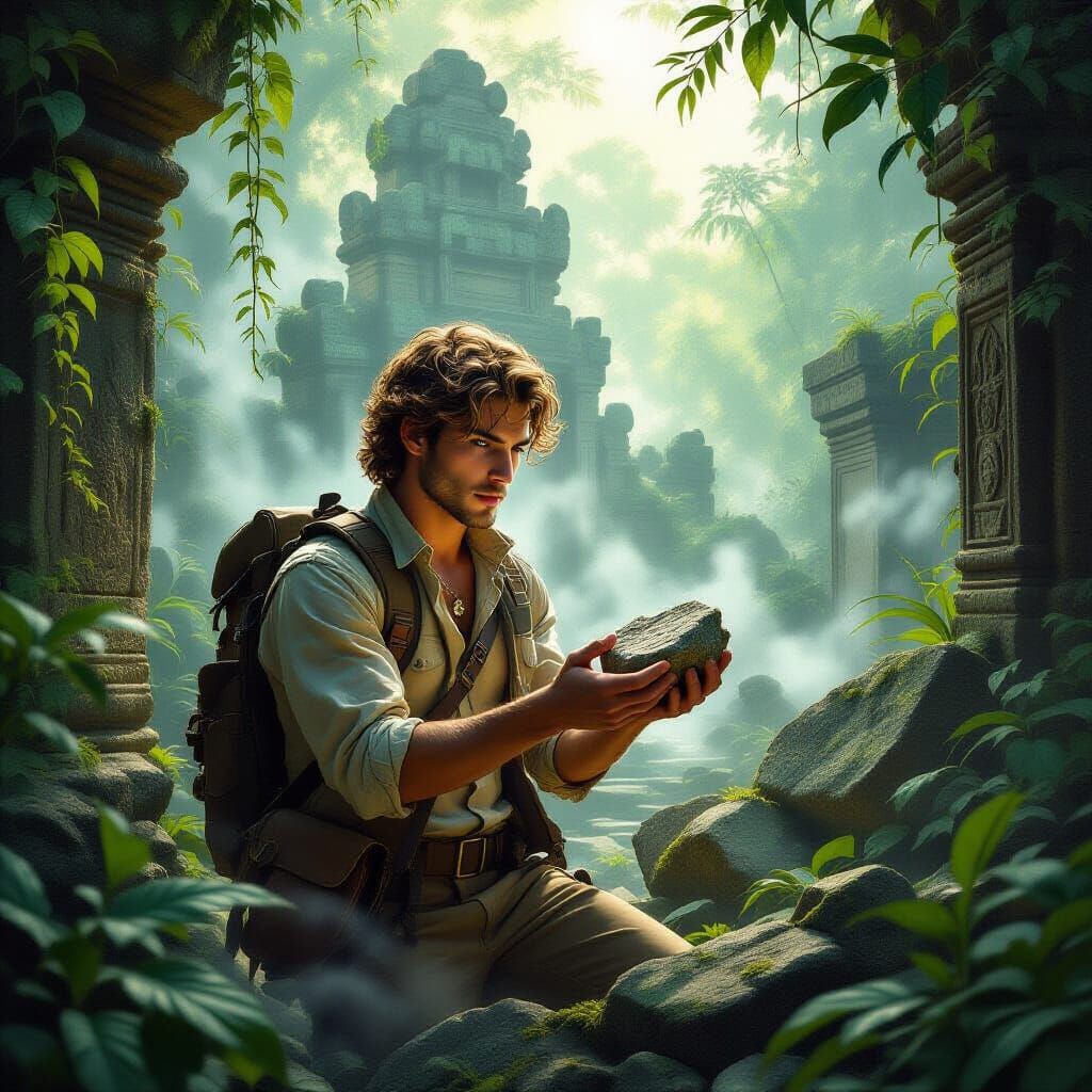 Young Explorer Amidst Jungle Ruins in Kinkade Style
