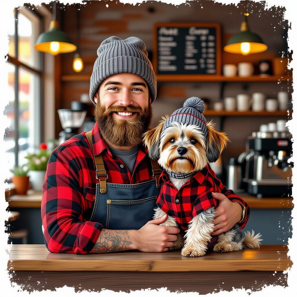 Hipster Barista and Dog in Matching Outfits