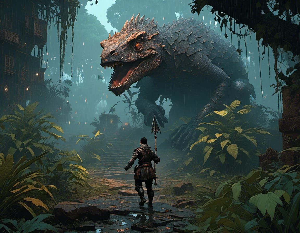 Halfling Battles Lizard in Jungle Under Moonlight