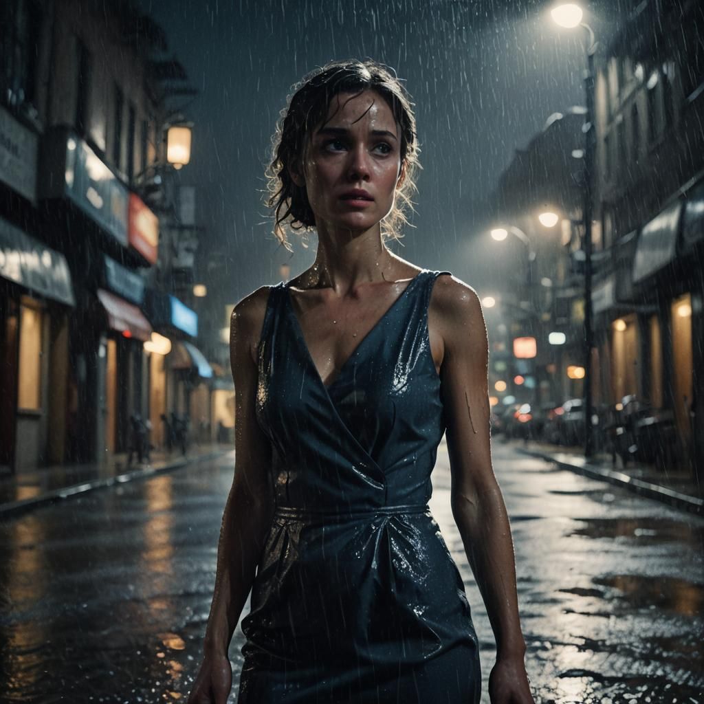 Woman in Rain on Dark Street: Cinematic Film Still