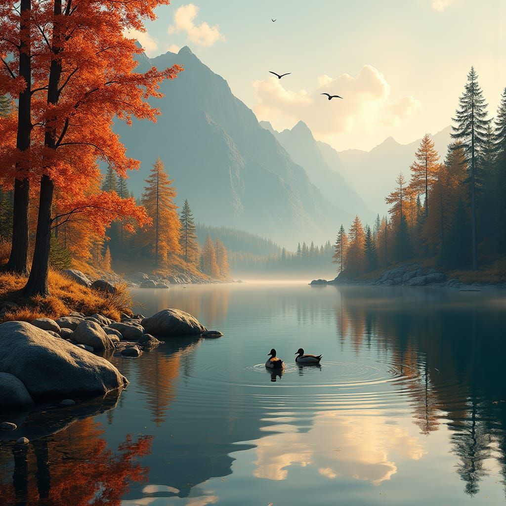 Calm Lake Reflects Autumn Landscape with Vibrant Trees