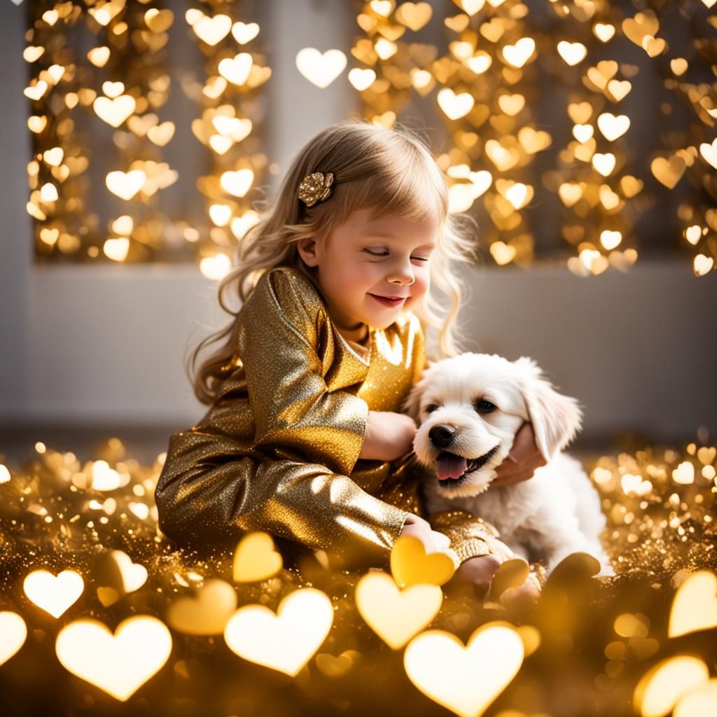 Girl and Puppy Surrounded by Golden Hearts