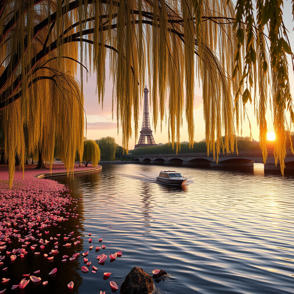 Paris Riverbank Sunset with Eiffel Tower