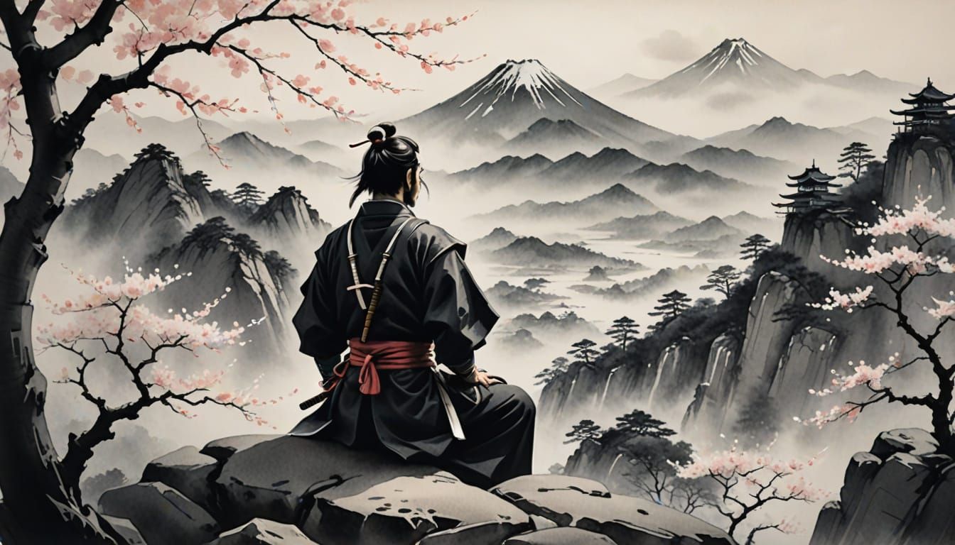 Samurai Meditation in Japanese Ink Wash Style