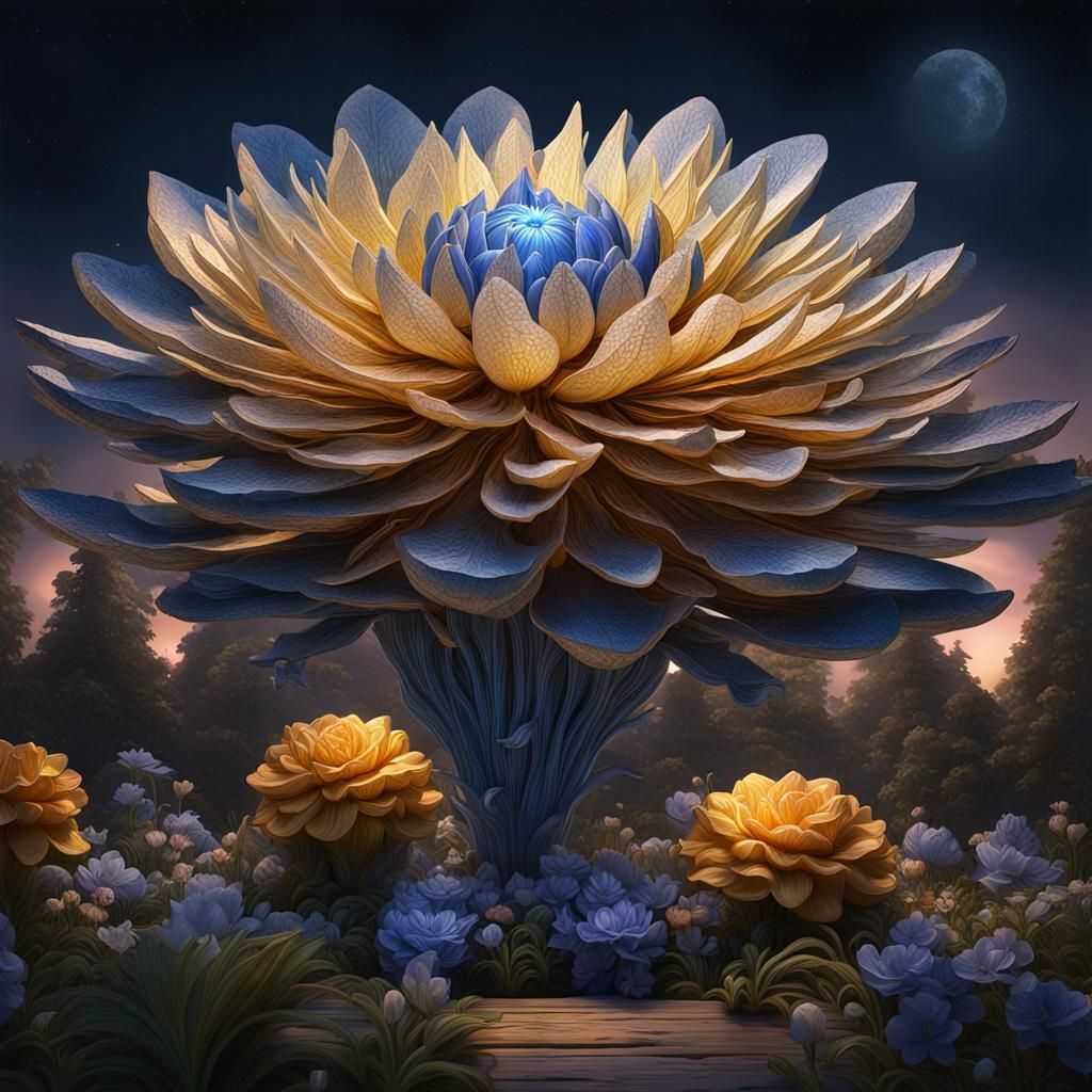 Epic Celestial Flower in Moonlight Sapphire Garden